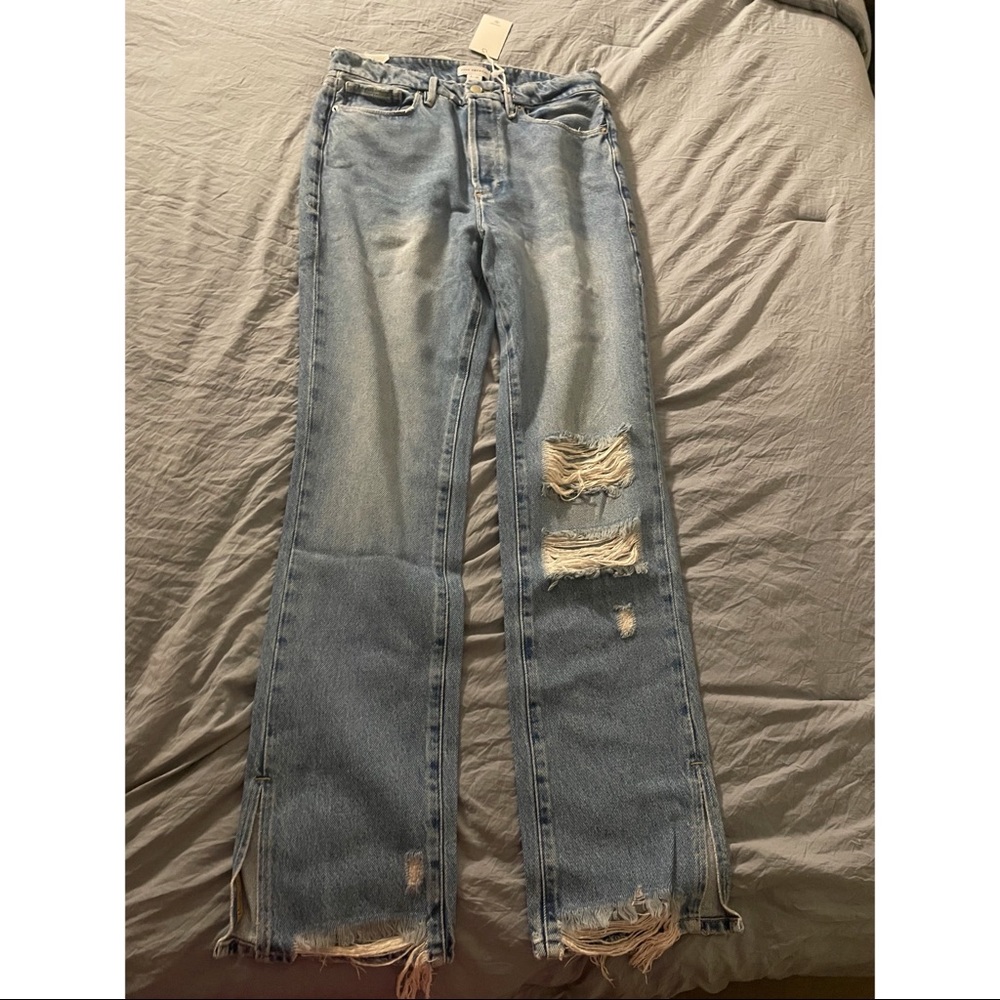 Good American High Rise Distressed Jeans - Light Blue